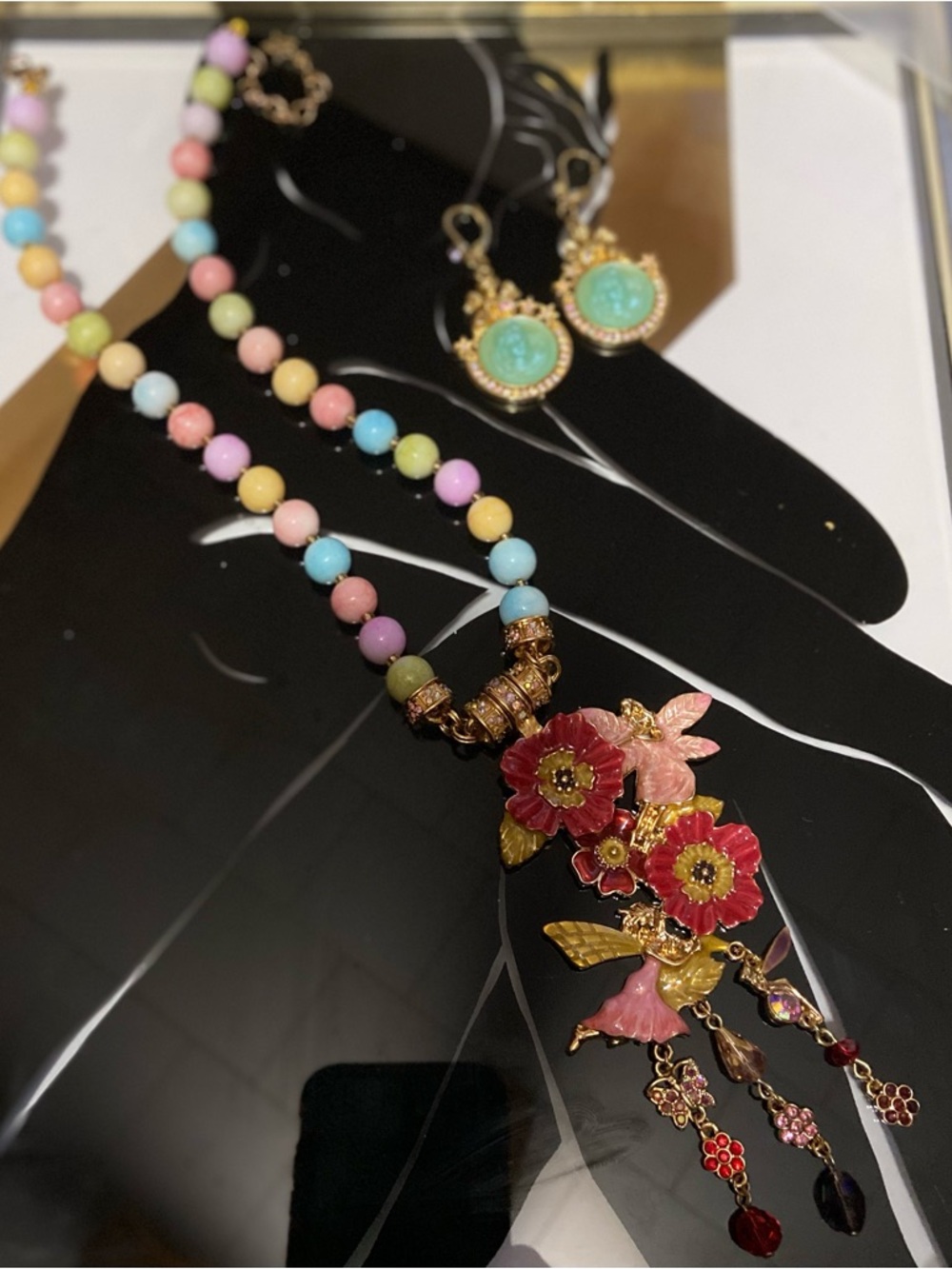 Multicolor Beaded Necklace with Red Floral Pendant and Matching Earrings